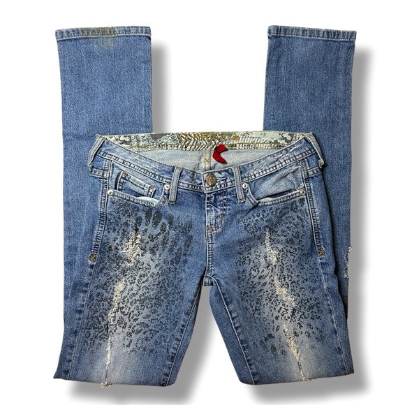 VINTAGE GUESS Scarlet Skinny Leg Bedazzle Y2K Low Rise Hip Hugger Denim Jeans 27 - Picture 1 of 16